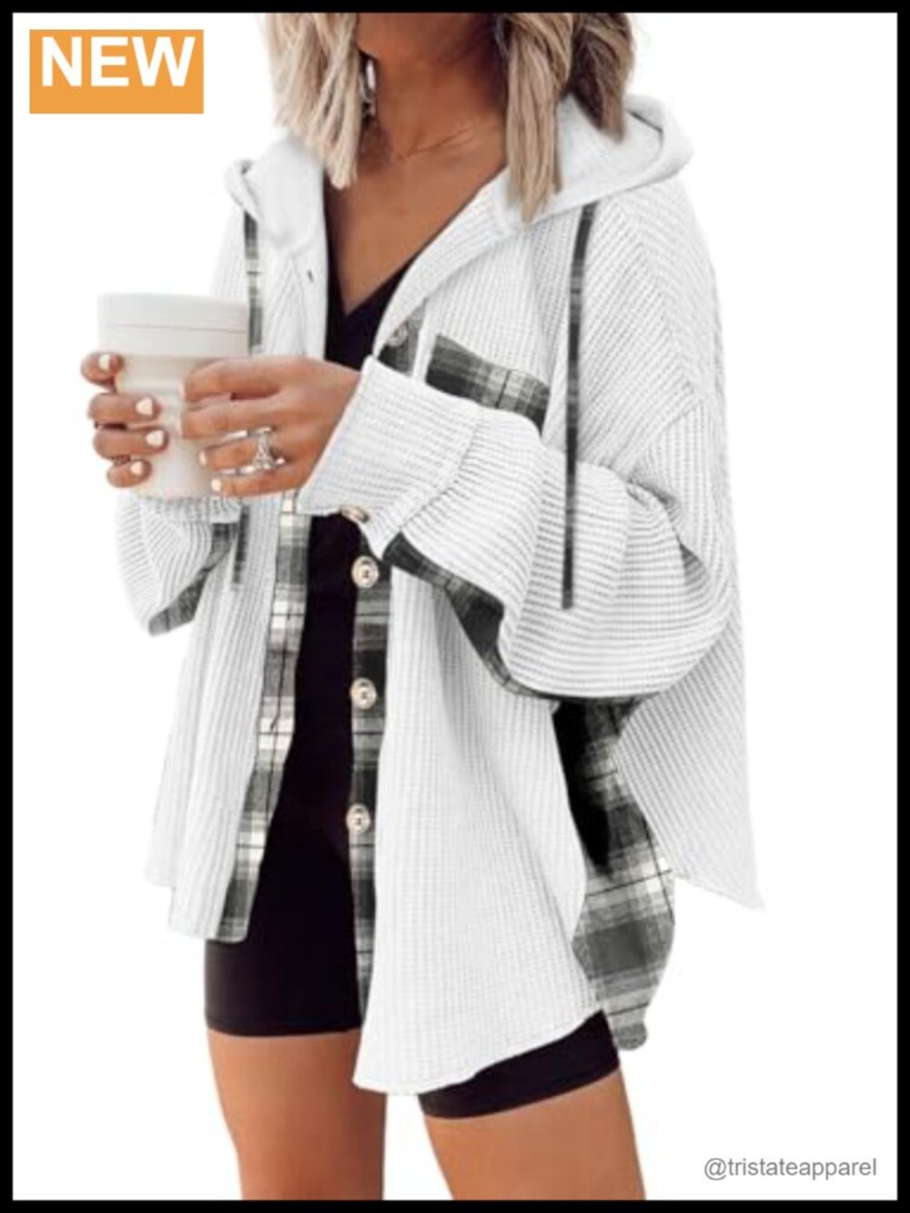 Waffle Knit Plaid Shacket Button Down Hooded Jacket